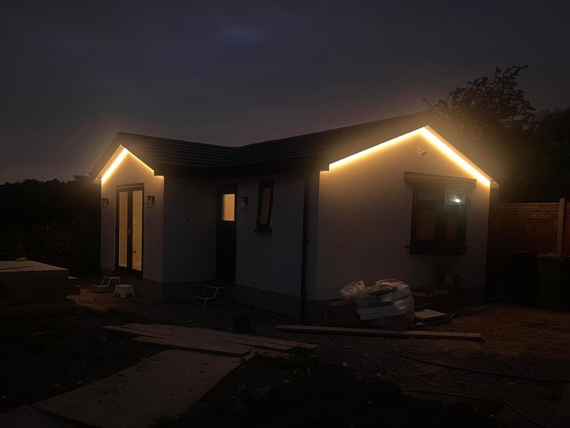 Garden building lit up at night